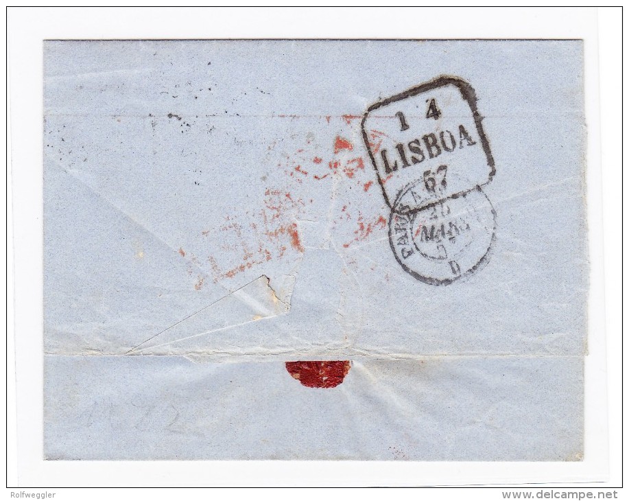 1857 Lettre De Paris Pour Lisbonne Via GB Streamer Affr. 80 C. Napoléon IIi Non Lauré - 1853-1860 Napoleon III