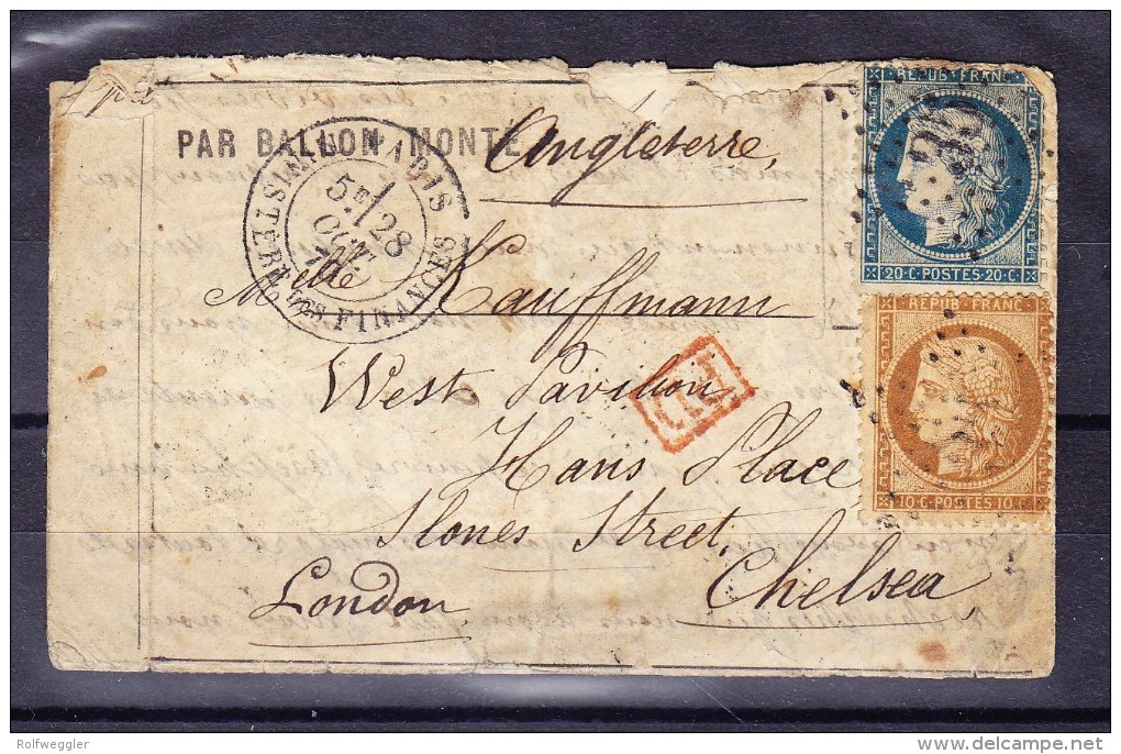 1870 Ballon Monté "Colonel Charras" Paris Nach Chelsea London Mit AK-Stempel - 1870 Siège De Paris