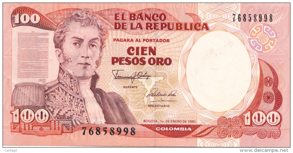 Billets -  B1209 - Colombie    - 100  Pesos Oro  ( Type, Nature, Valeur, état... Voir 2 Scans)-Envoi Gratuit - Colombie