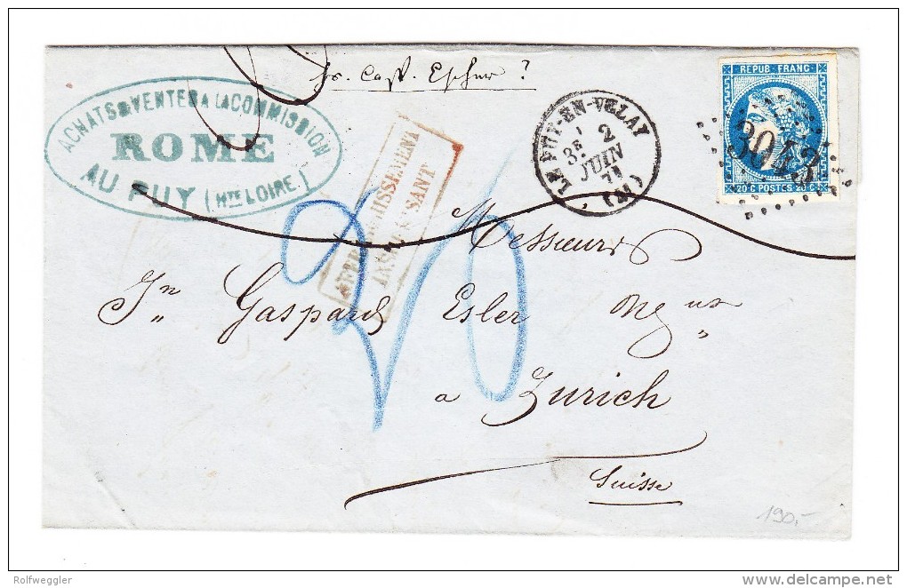 1871 Brief Puy En Velay Nach Zürich Mit 20 C. Blau Ceres Ungenügend Frankiert - 1871-1875 Ceres