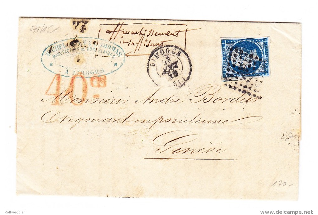 1859 Brief Limoges Nach Genève Mit 20 C. Blau Napoleon 40 Cs Stempel Nachporto - 1853-1860 Napoleon III