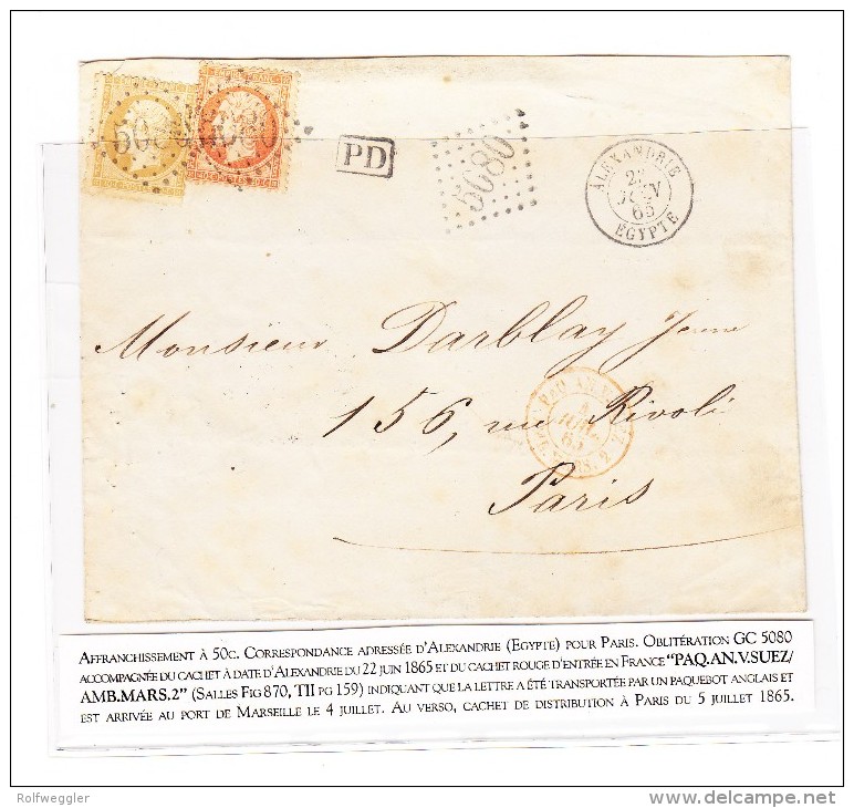 1865 Lettre D'Alexandrie 50 Ct Obl. GC5080 Pour Paris - Cachet D'entrée "PAQ.AN.V.SUEZ" - 1862 Napoléon III