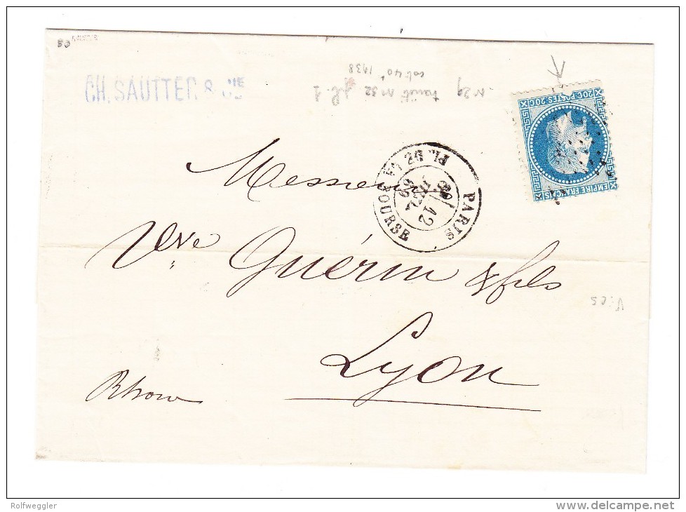 1870 Yv.# 29B "Variété Cassure Bord Inférieur Du Cadre" Sur Lettre De Paris Vers Lyon - Signée - 1863-1870 Napoléon III Lauré