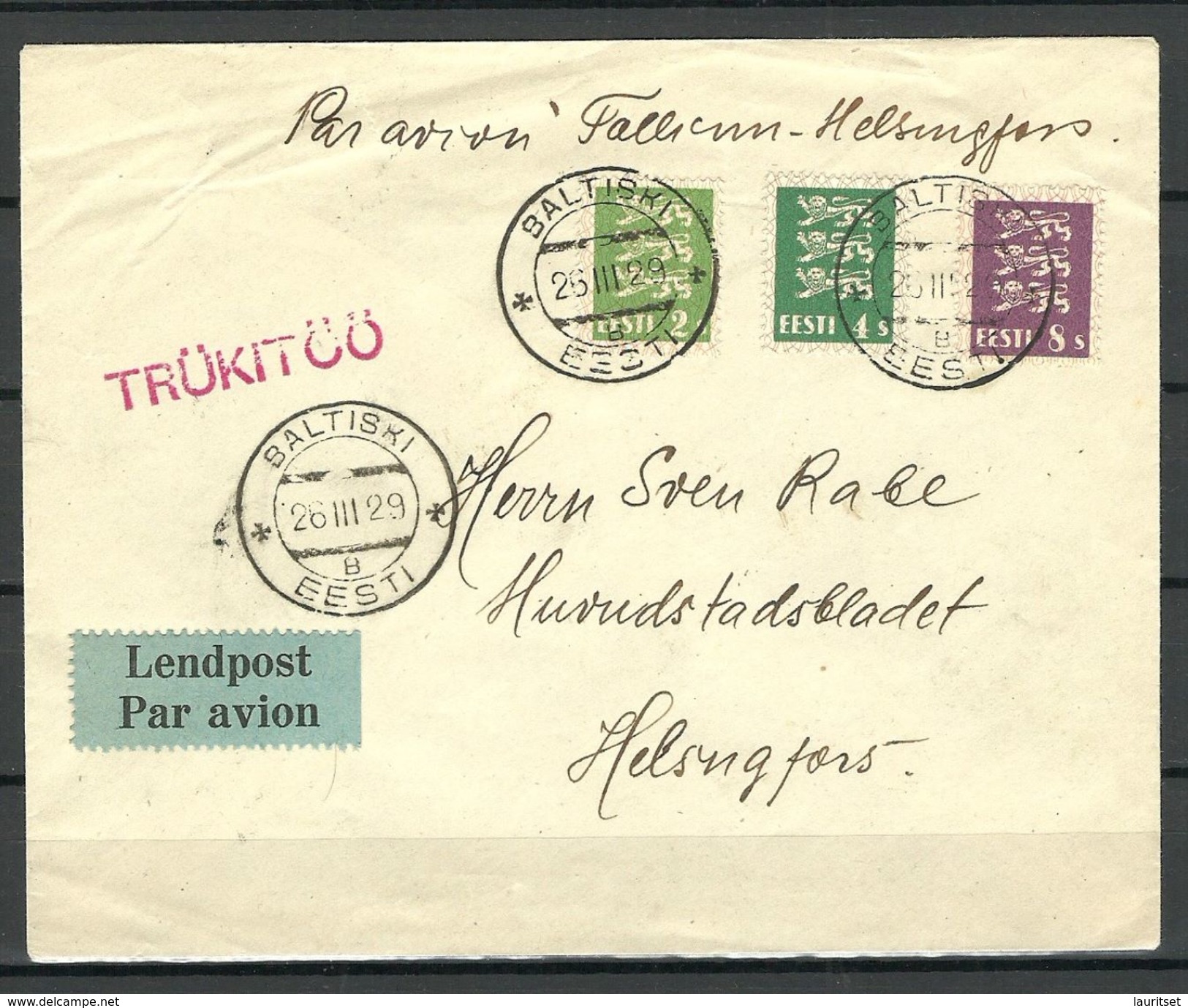 ESTLAND ESTONIA ESTONIE Air Mail Flugpost Cover To Finland Helsinki 26.03.1929 TRÜKITÖÖ - Estland