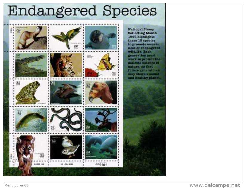 USA 1996 Endangered Species Sheet Of 20 $6.40 MNH SC 3105sp YV BF-2548-2562 MI SH2769-83 SG MS3240-54 - Feuilles Complètes