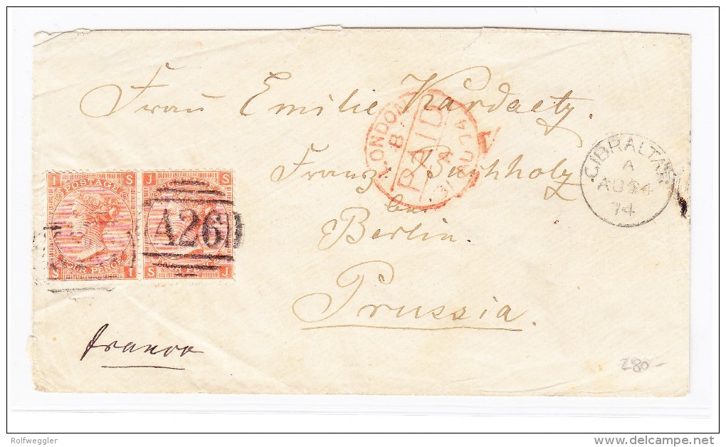 Gibraltar - Brief Hülle 1874-08-24 Nach Berlin Transit "London Paid" Und Ankunfts-Stempel - Gibraltar