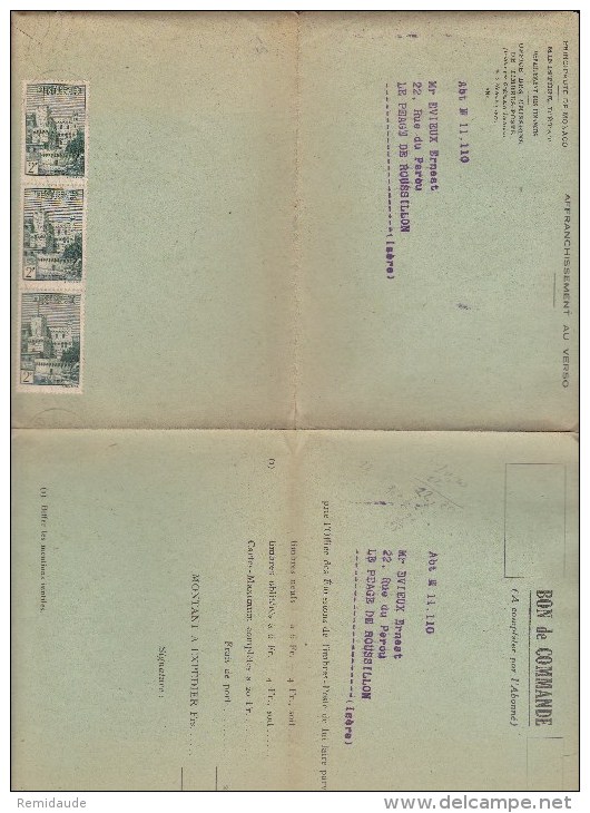 MONACO - 1948 - BON DE COMMANDE COMPLET Avec AFFRANCHISSEMENT Pour LE PEAGE DE ROUSSILLON - Marcofilie