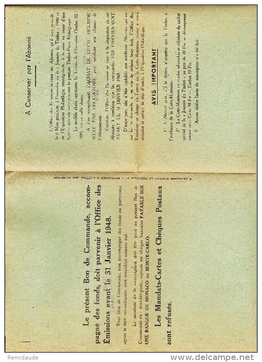 MONACO - 1948 - BON DE COMMANDE COMPLET Avec AFFRANCHISSEMENT Pour LE PEAGE DE ROUSSILLON - Postmarks