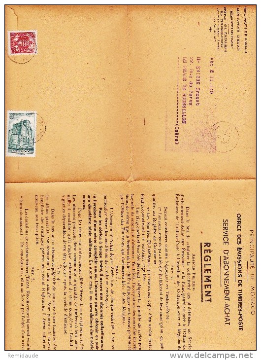MONACO - 1945 - BON DE COMMANDE COMPLET Avec AFFRANCHISSEMENT Pour LE PEAGE DE ROUSSILLON - Poststempel