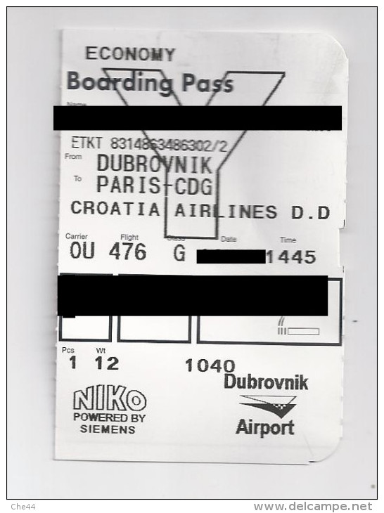 Ticket D´embarquement Vol : Dubrovnik  Paris CDG. ( Voir Commenaires) - Europe