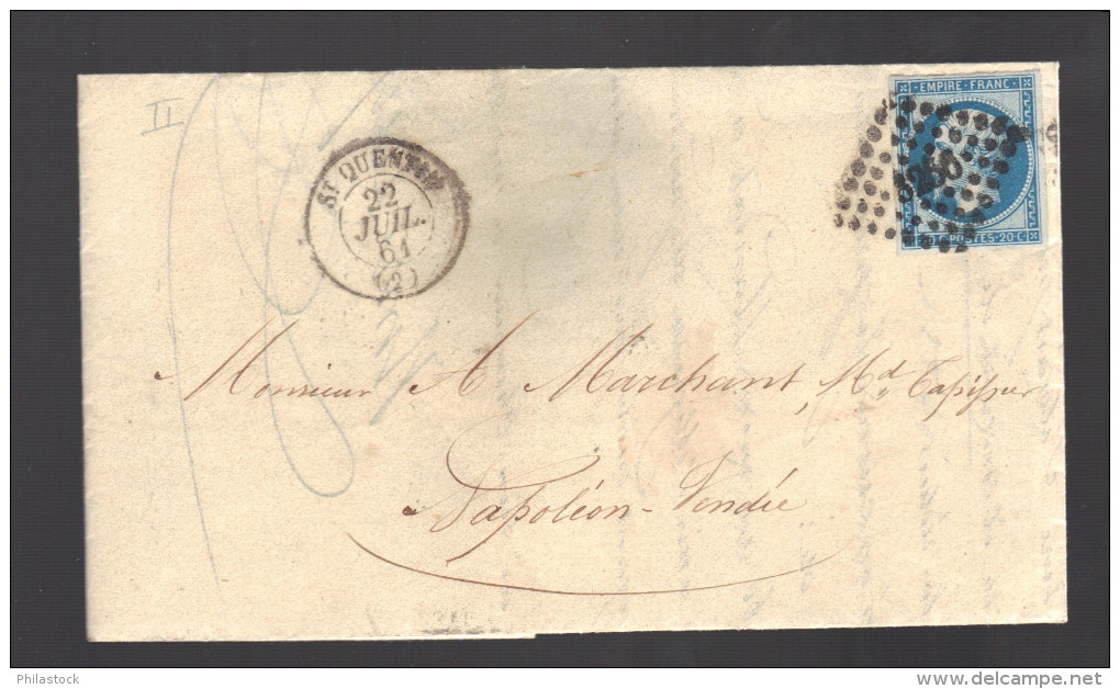 FRANCE N° 14 Obl. S/Lettre Entiére PC 3256 Saint Quentin - 1853-1860 Napoleon III