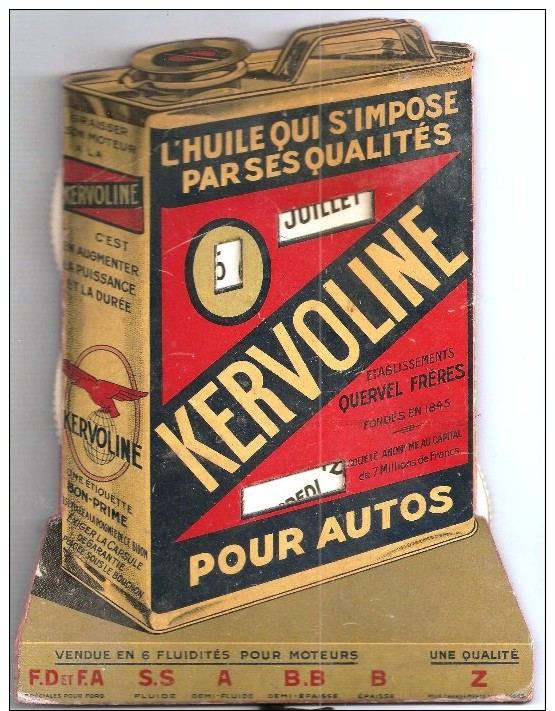 RARE  Plaque Cartonnées Pub  Bidon Huile De Voiture Avec Calendrier   Kervoline - Plaques En Carton