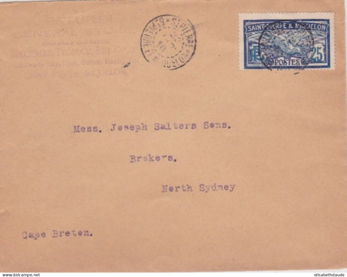 SPM - 1910 - YVERT N°84 SEUL Sur ENVELOPPE Pour NORTH SYDNEY (NOUVELLE ECOSSE) - COTE MAURY = 175 EUROS - Covers & Documents