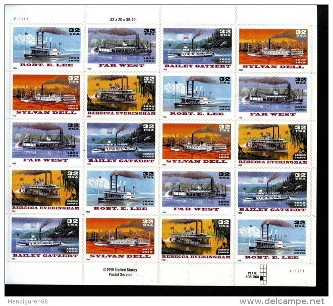 USA 1996 Riverboats Sheet Of 20  $6.40 MNH SC 3091-3095sp YV BF-2534-2538 MI SH2755-59 SG MS3227-30 - Sheets