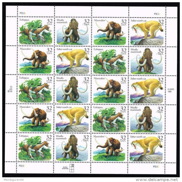 USA 1996 Prehistorics Animals Sheet Of 20  $ 6.40 MNH SC 3077-3080sp YV BF-2510-2513 MI SH2735-38 SG MS3212-15 - Sheets