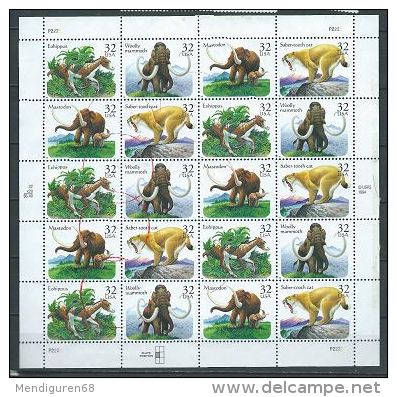 USA 1996 Prehistorics Animals Sheet Of 20  $ 6.40 USED SC 3077-3080sp YV BF-2510-2513 MI SH2735-38 SG MS3212-15 - Feuilles Complètes