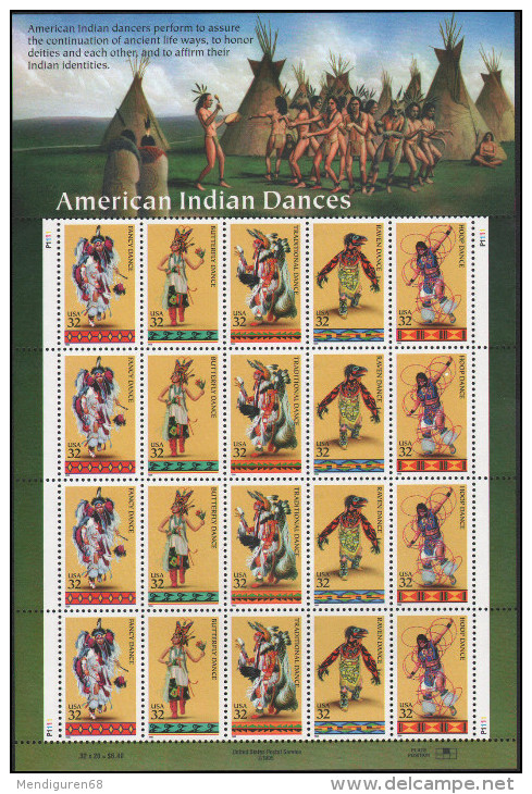 VERINIGTE STAATEN ÉTATS UNIS USA 1996 American Indian Dances Pane 20  MNH SC 3072-6SP YT F-2517-21 MI SH2730-4 SG MS3208 - Feuilles Complètes