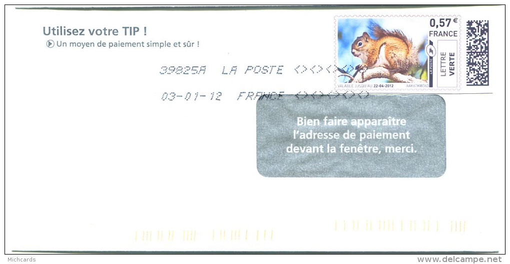 FRANCE 2012 - Ecureuil - Timbre En Ligne Sur Enveloppe - E-stamp - Rongeurs