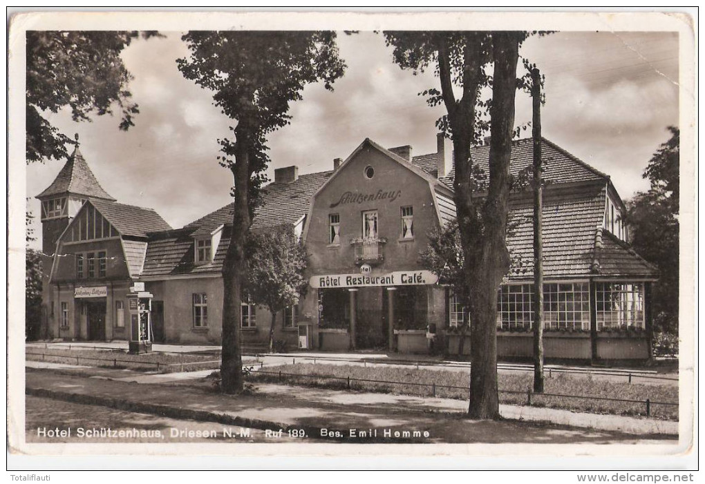 DRIESEN Hotel Schützenhaus Cafe Restaurant Drezdenko Kino ARAL Benzin Zapf Säule BV OEL 18.9.1935 Swastika - Neumark