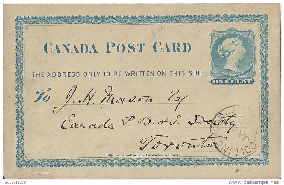 CANADA 1872  –PRE-STAMPED  POSTAL CARD OF ONE CENT    MAILED FROM COLLINGWOOD  TO TORONTO  POSTM COLLINGWOOD JAN 22,1872 - 1860-1899 Regering Van Victoria
