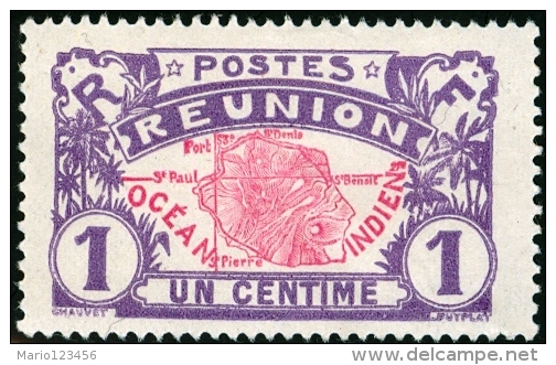 REUNION, COLONIA FRANCESE, FRENCH COLONY, MAPPA DELL'ISOLA, 1907, NUOVO (MNG), Scott 60, YT 56, Michel 56 - Neufs