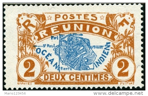 REUNION, COLONIA FRANCESE, FRENCH COLONY, MAPPA DELL'ISOLA, 1907,  NUOVO (MNG), Scott 61, YT 57, Michel 57 - Neufs