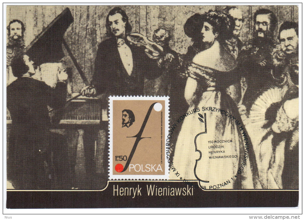 Poland Maximum Card, Composer, Violinist Henryk Wieniawski, Music, Canceled In Poznan 1986, Stamp 1977 Jewish - Cartes Maximum