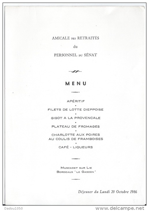 Menu,Retraités Du Personnel De Sénat 1986 - Menus