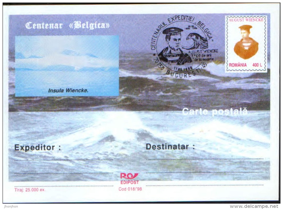 Romania, Stationery Postcard  1998- Centenary "Belgica",August Wiencke 100th Anniversary Of Death - Barcos Polares Y Rompehielos