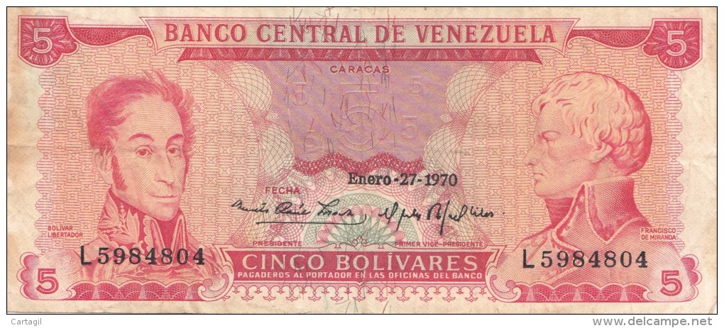 Billets -  B1228   - Vénézuela   - 5 Bolivares  ( Type, Nature, Valeur, état... Voir 2 Scans)-Envoi Gratuit - Venezuela