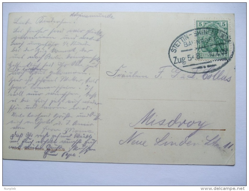 GERMANY 1909 POSTCARD FROM SWINEMUNDE TO MISDROY POLAND WITH STETTIN-SWINEMUNDE BAHNPOST MARK - Briefe U. Dokumente