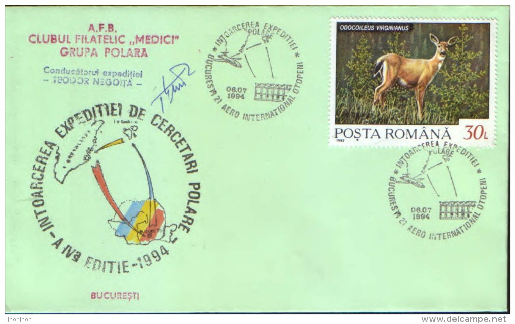 Romania,Occasionally Cover ,autographed By T.Negoita1994- Return Of Polar Research Expedition Headed By Teodor Negoita - Research Programs
