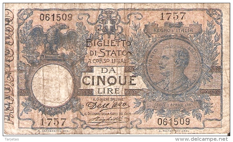 BILLETE DE ITALIA DE 5 LIRAS DEL AÑO 1904 -VITORIO EMANUELE III  (BANKNOTE) FIRMAS RARAS - Italia – 5 Lire