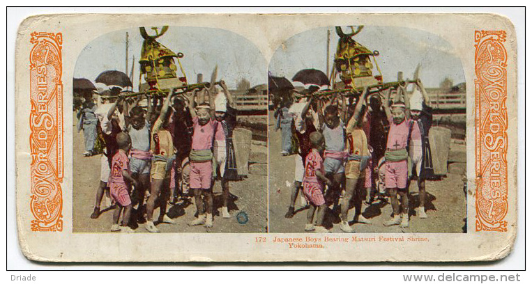 FOTOGRAFIA STEREOSCOPICA YOKOHAMA GIAPPONE JAPAN BOYS BEARING MATSURI FESTIVAL SHRINE - Stereoscopi