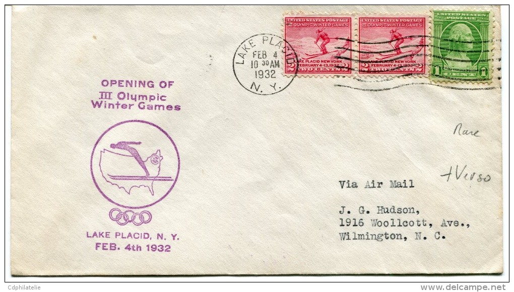 ETATS-UNIS ENVELOPPE ILLUSTREE "OPENING OF III OLYMPIC WINTER GAMES" LAKE PLACID N. Y. FEB. 4TH 1932 + AU DOS VIGNETTE.. - Winter 1932: Lake Placid