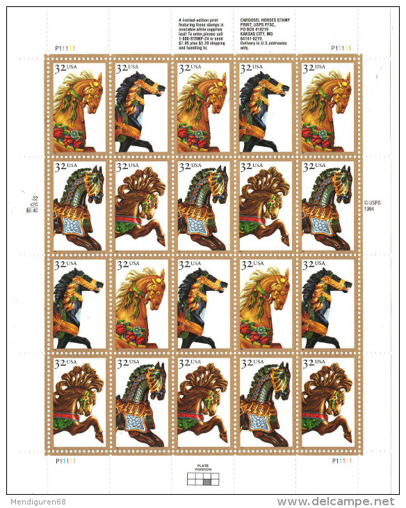 USA 1995 Carousel Horses Sheet Of 20 $6.40 MNH SC 2976-2979sp YV BF-2386-2389 MI B-2608-11 SG MS3085-88 - Sheets
