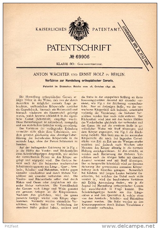 Original Patent - Orthopädisches Korsett , Corset , Corsage  , 1882 , A. Wächter Und E. Holz In Berlin , Orthopädie !!! - Encaje