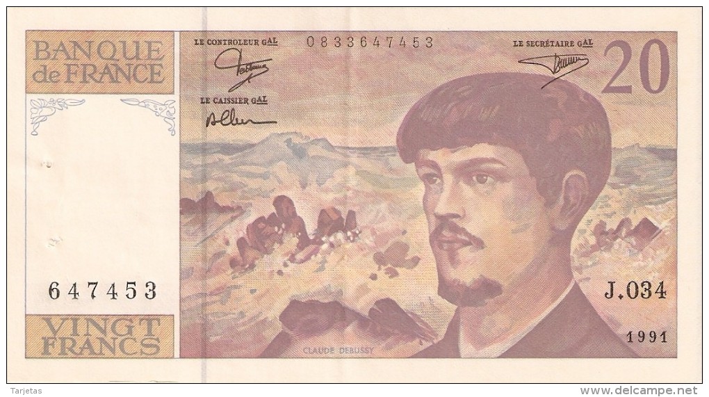 BILLETE DE FRANCIA DE 20 FRANCS DEL AÑO 1991  (BANKNOTE) CLAUDE DEBUSSY - 20 F 1980-1997 ''Debussy''