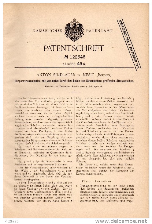 Original Patent - Anton Sindlauer In Mesic I. Böhmen , 1900 , Dünger - Streumaschine , Agrar , Landwirtschaft !!! - Maschinen