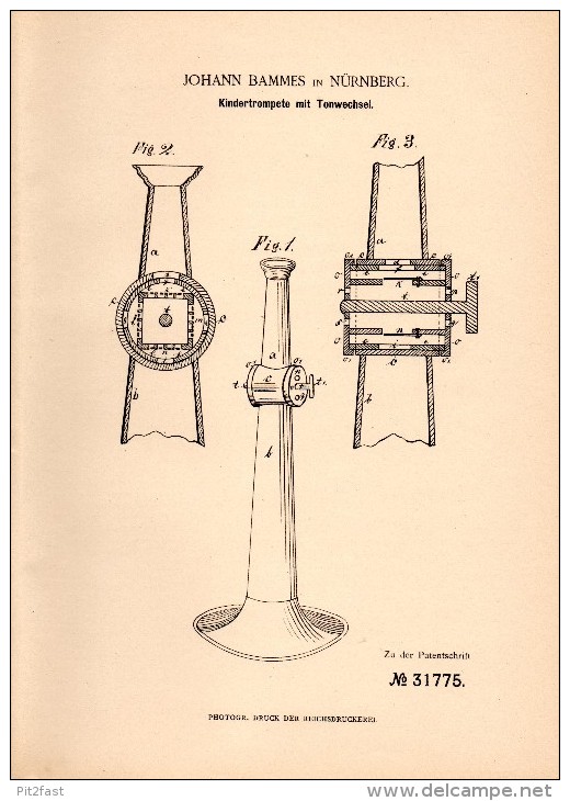 Original Patent - Johann Bammes In Nürnberg , 1884 , Kindertrompete Mit Tonwechsel , Trompete , Trumpet , Musik !!! - Instruments De Musique