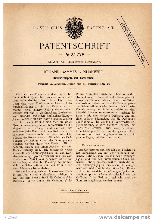 Original Patent - Johann Bammes In Nürnberg , 1884 , Kindertrompete Mit Tonwechsel , Trompete , Trumpet , Musik !!! - Instruments De Musique