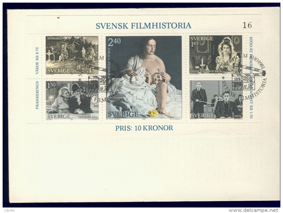 DV1-35b SWEDEN 1981 FDC YV M/S, BLOCK 9 HISTORY OF SWEDISH CINEMA, INGMAR BERGMAN. - Cinema