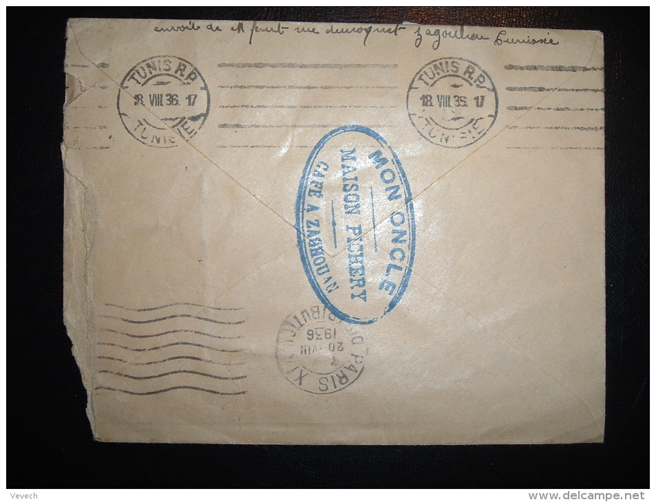 LETTRE PAR AVION POUR FRANCE TP 50C X3 OBL. 18-8-36 ZAGHOUAN + CAFE MON ONCLE MAISON PICHERY - Cartas & Documentos