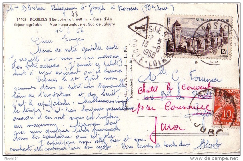 HAUTE LOIRE - ROSIERES LE 13-8-1956 - TAXE 10F GERBE. - 1859-1959 Lettres & Documents