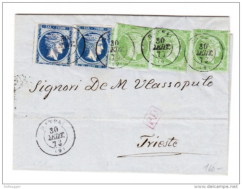 Griechenland - Brief 55 Lepta Von Patpai ? 30.9.1873 Nach Triest Mit AK Stempel - Storia Postale