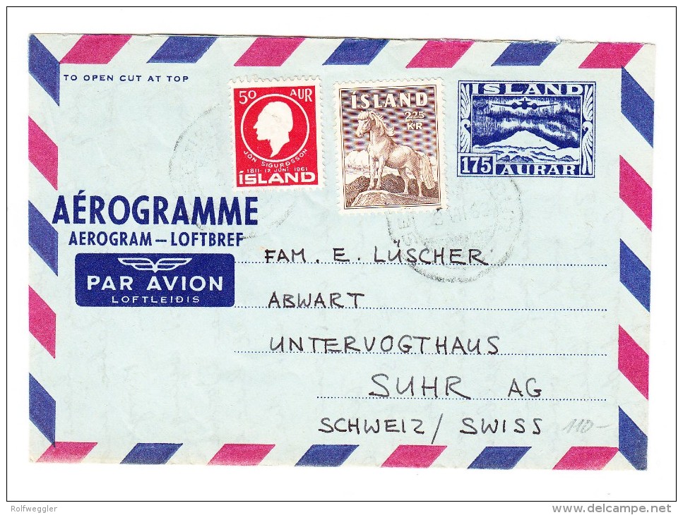 1963 - Island Aerogram Mit Zusatzfrankatur Nach Suhr AG Schweiz - Luchtpost
