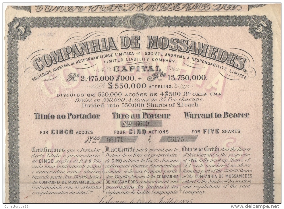 Titre Au Porteur Compagnie De Mossamedes Lisbonne Portugal Angola Namibie 5 Actions De 25 Francs N° 6610 - Afrique