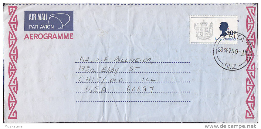 New Zealand Airmail Par Avion Aerogramme TAITA 1975 Cover To CHICAGO Illinois United States QEII Stamp - Luftpost