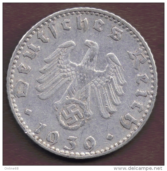 DEUTSCHES REICH 50 REICHSPFENNIG 1939 J KM# 96 Swastika Rare - 50 Reichspfennig