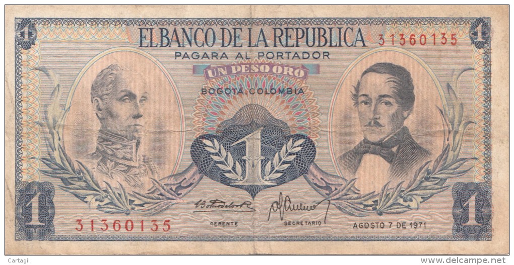 Billets -  B1241 -  Colombie  - 1 Peso Oro ( Type, Nature, Valeur, état... Voir 2 Scans)-Envoi Gratuit - Colombia